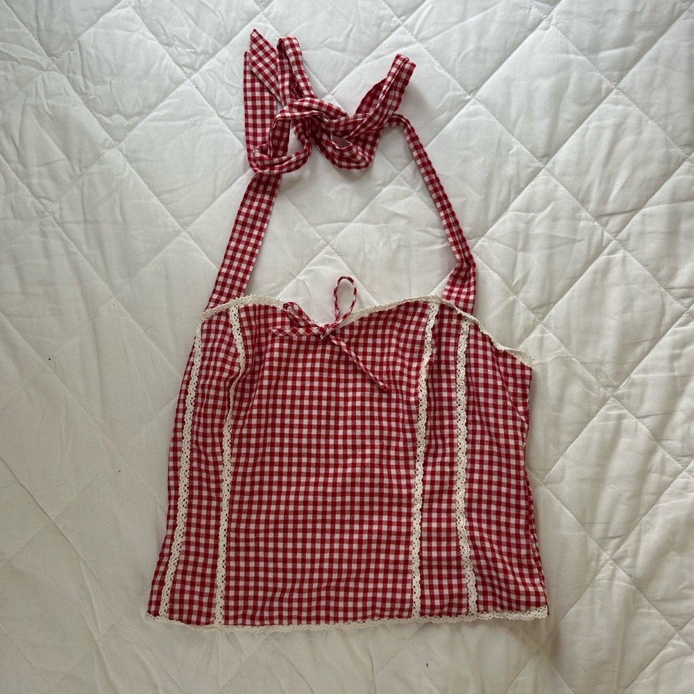 Elegant Red Gingham Lace-Trimmed Halter Top